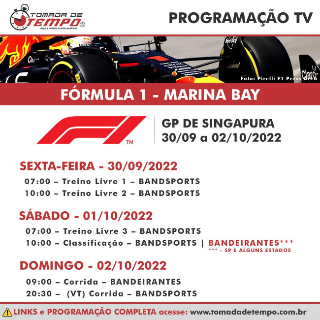F1 2023 - GP DE SINGAPURA - HORÁRIOS DO 1º DIA DE TREINOS LIVRES NO BAND  SPORTS 